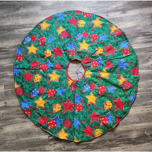 Vintage Christmas Tree Skirt Red Green Ornaments Stars Stitched Cotton 43” - Picture 1 of 5